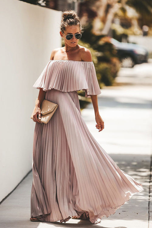 Off Shoulder Pleated Ruffle Overlay Accordion Pleat Maxi Dress