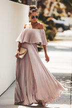 Off Shoulder Pleated Ruffle Overlay Accordion Pleat Maxi Dress