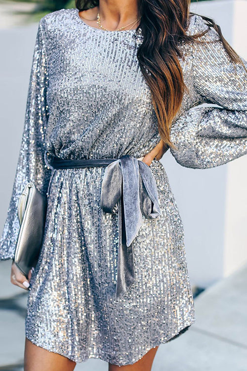 Sequin Long Sleeve Crew Neck Velvet Tie Waist Mini Dress