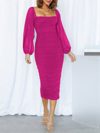Mesh Bishop Sleeve Square Neck Ruched Bodycon Midi Dress