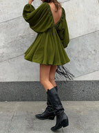 Deep V Neck Lantern Sleeve Pleated Waist Belted Mini Dress