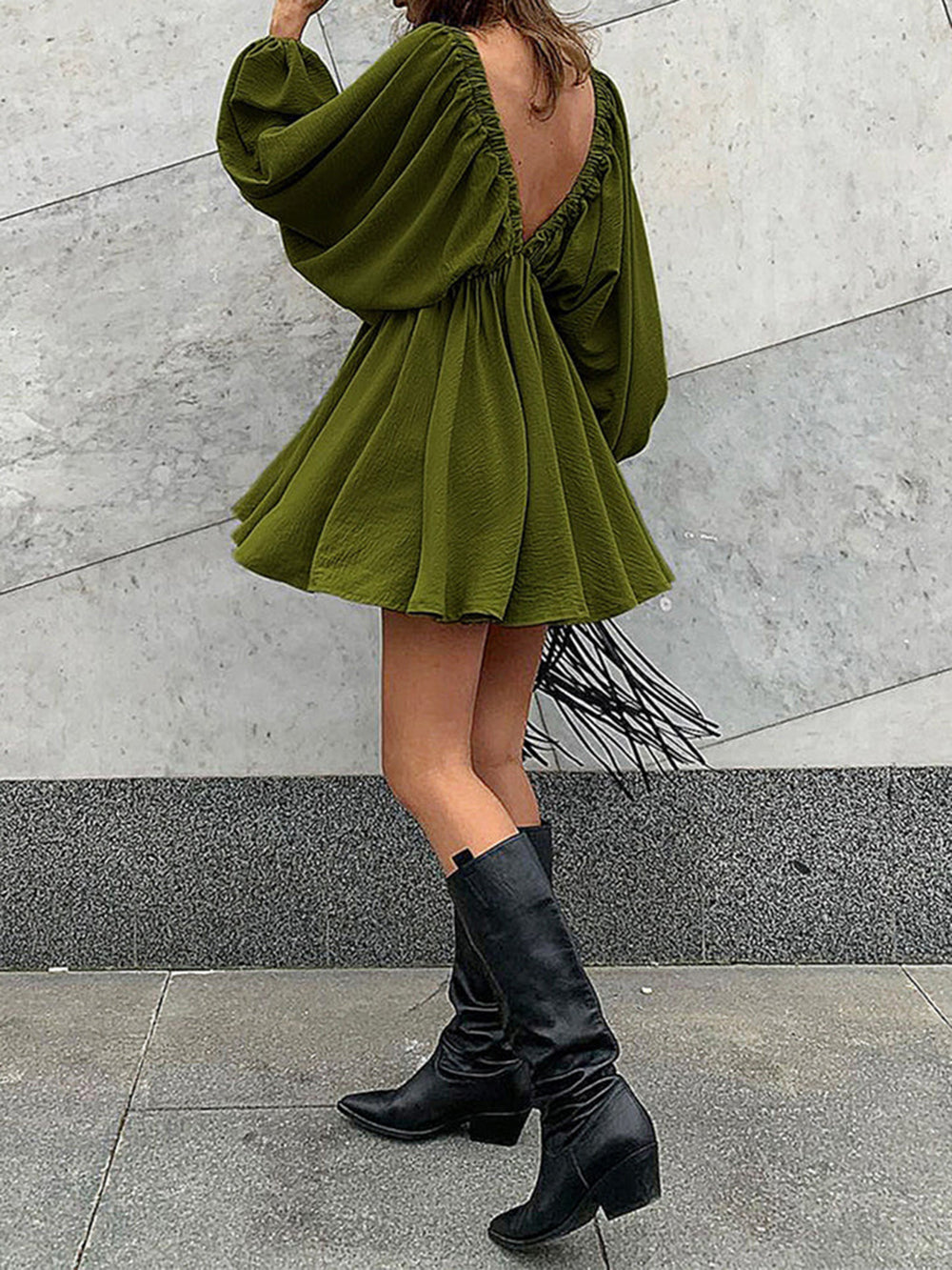 Deep V Neck Lantern Sleeve Pleated Waist Belted Mini Dress