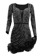 3D Flowers Hot-fix Rhinestones And Bubble Beads Evening Gown Sheer Long-sleeved Square Neck Mini&Short Dresses