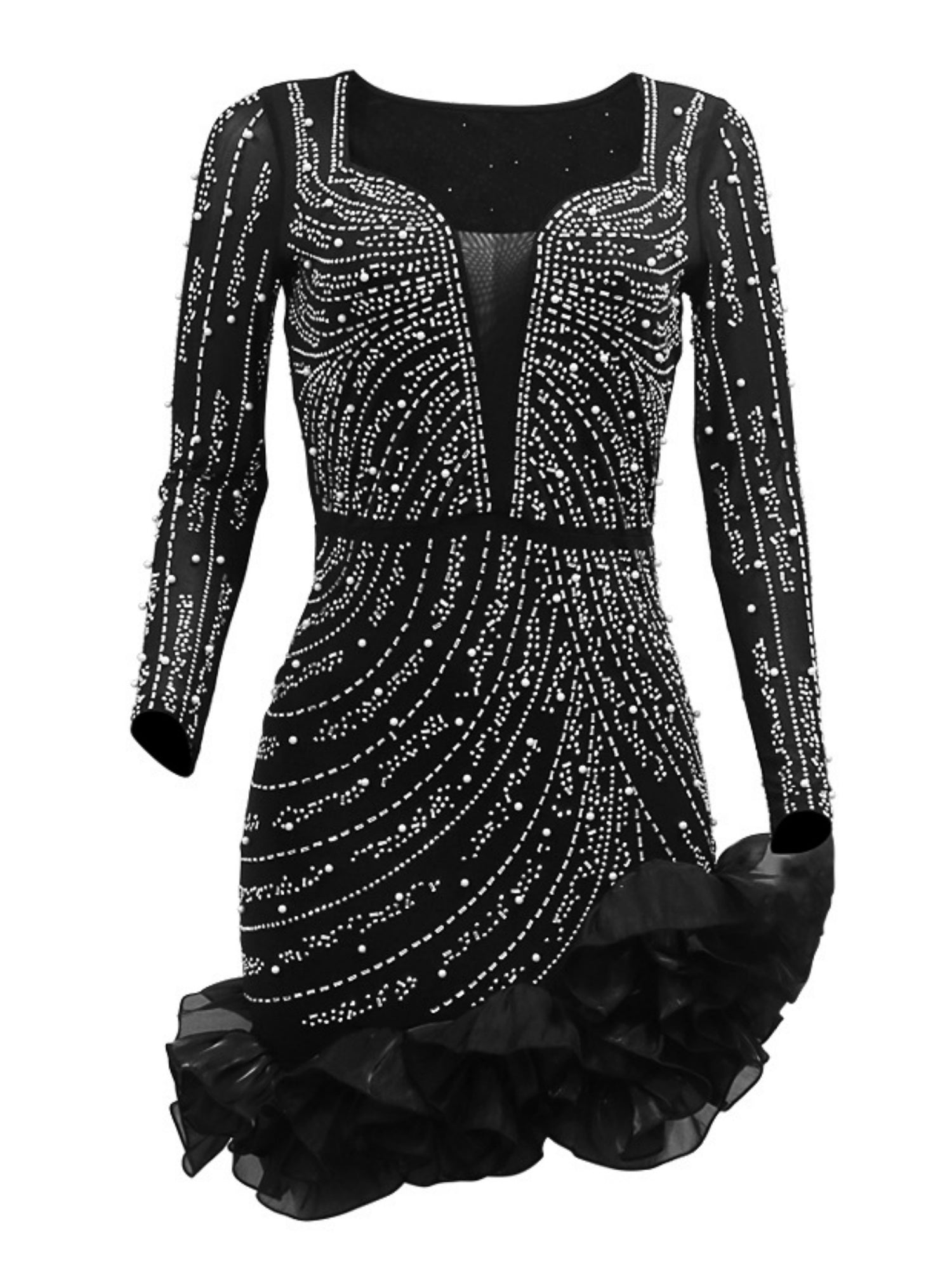 3D Flowers Hot-fix Rhinestones And Bubble Beads Evening Gown Sheer Long-sleeved Square Neck Mini&Short Dresses