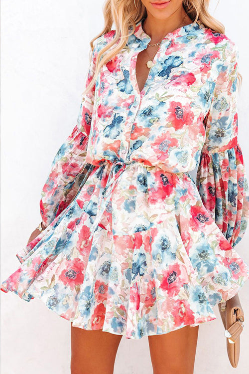 Floral Print V-Neck Button-Front Drawstring Waist Ruffle Hem Mini Dress