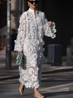 Hollow 3D Flowers Long Sleeve Vacation Maxi Dresses