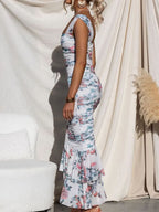 Sweetheart Neck Keyhole Cutout Ruched Floral Mermaid Hem Maxi Dress