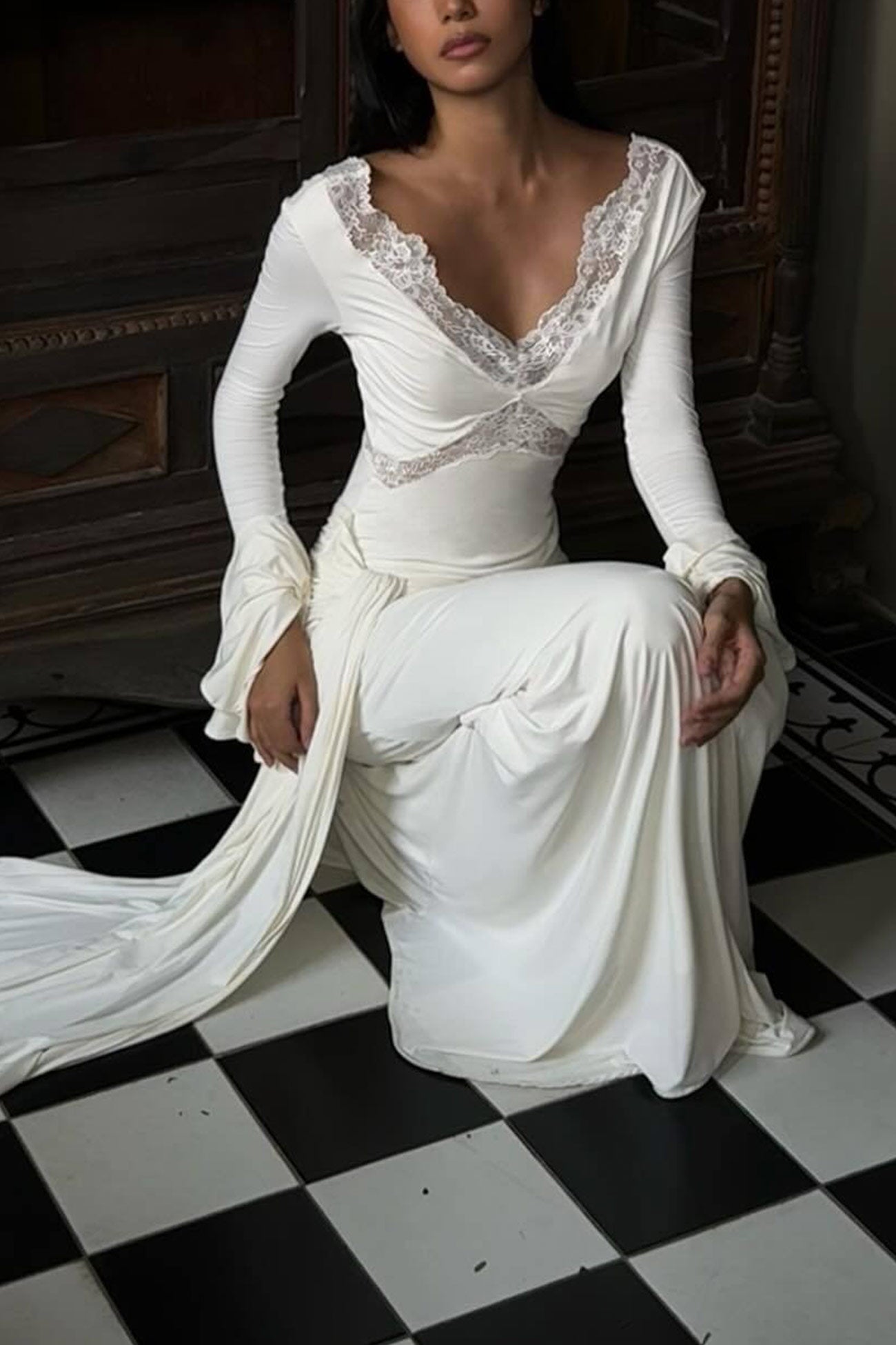 Lace Trim Deep V-Neck Criss Cross Bodice Ruffle Cuff Draped Panel Maxi Gown