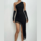 Mesh one shoulder solid irregular gloves sleeveless midi dress