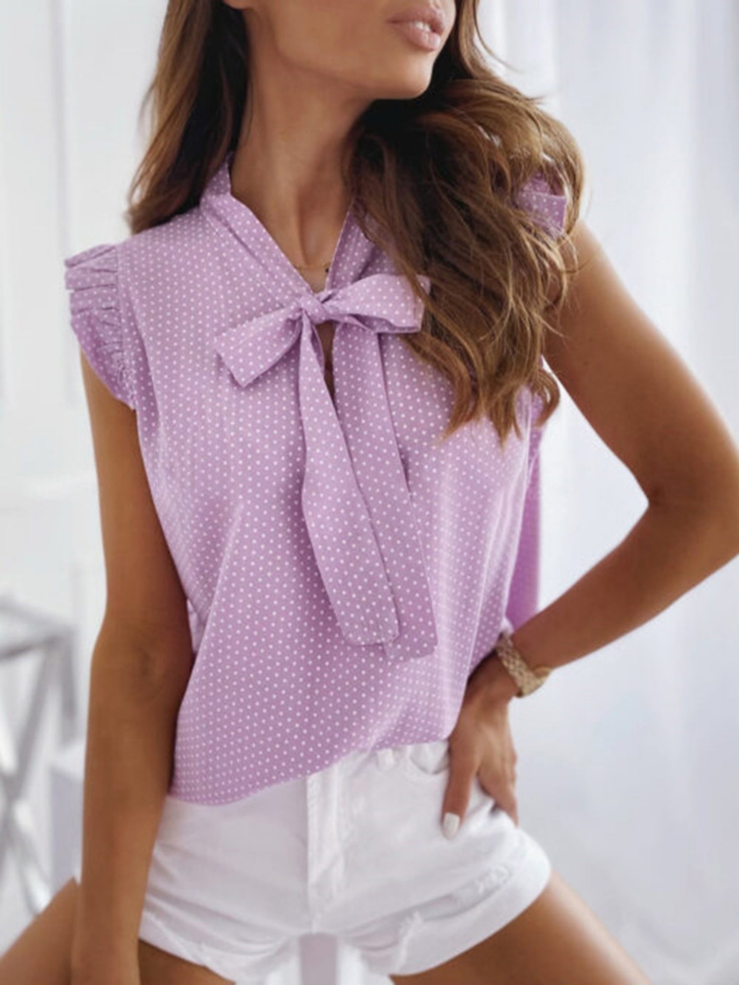 Polka Dots Bow Tie Collar Sweet Sleeveless Shirt
