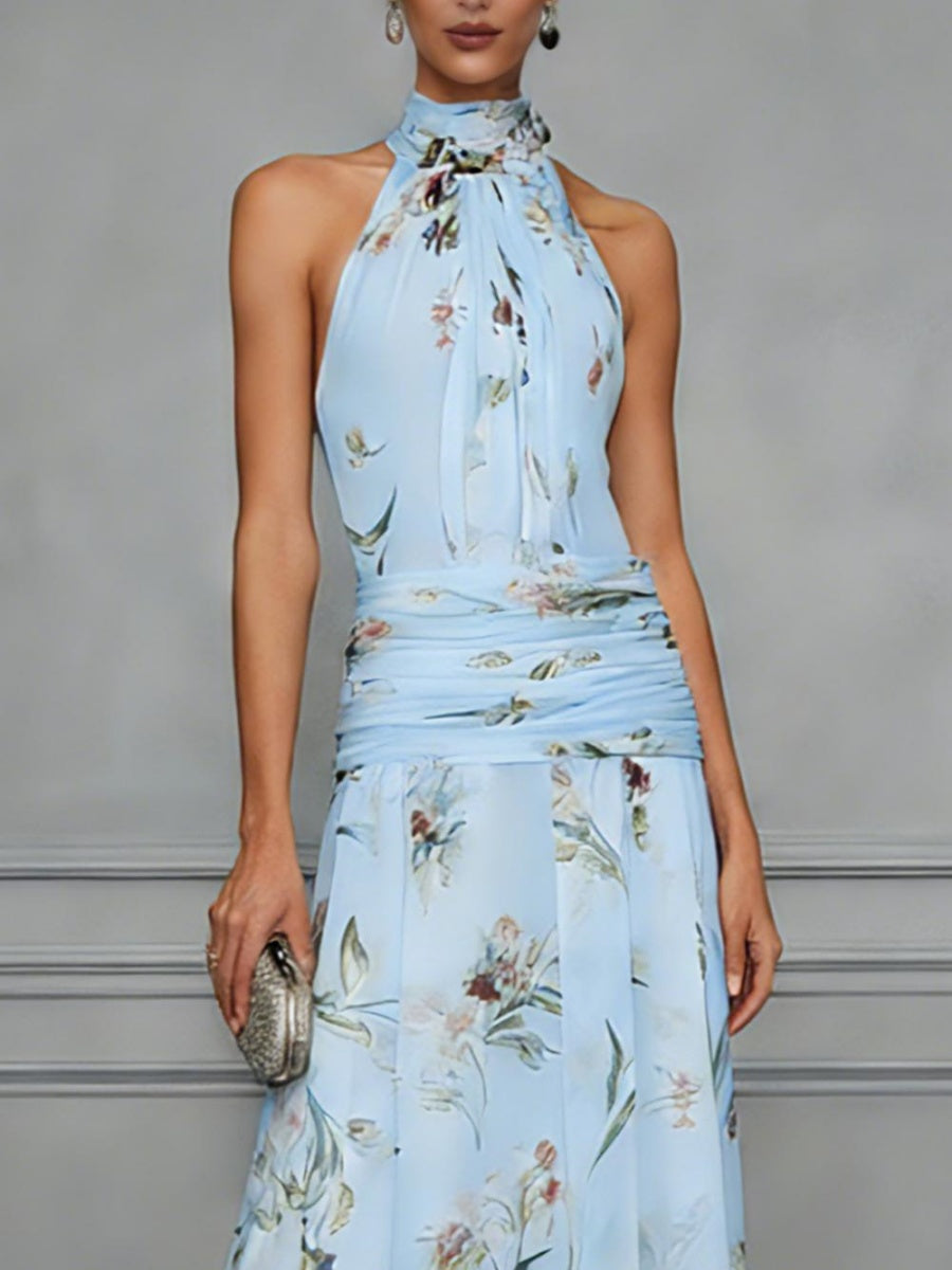 Halter Printed Temperament Waist Parties Maxi Dresses