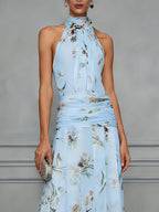 Halter Printed Temperament Waist Parties Maxi Dresses