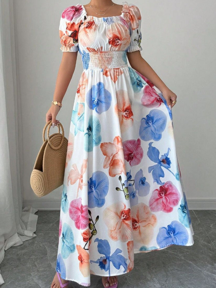 Color One-shoulder Collar Flowers Maxi Dresses