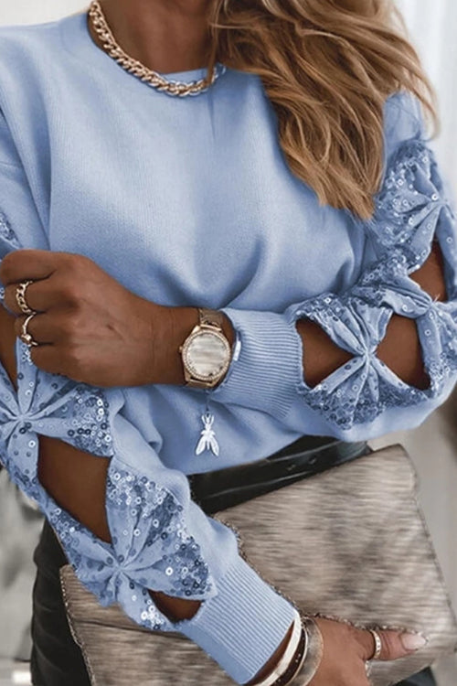 Crewneck Sequin Butterfly Cut Out Sweater