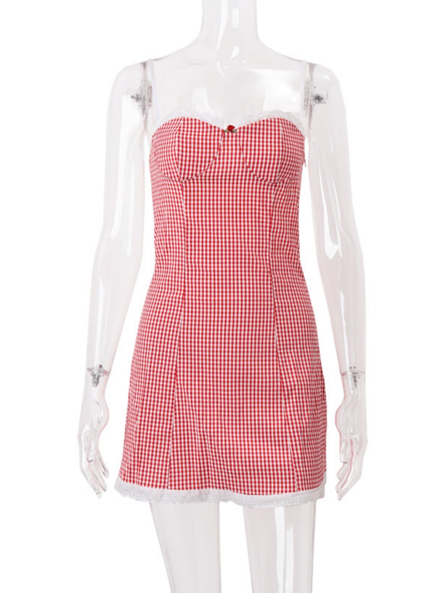 Plaid Lace Trim Camisoles Slim-fit Mini&Short Dresses