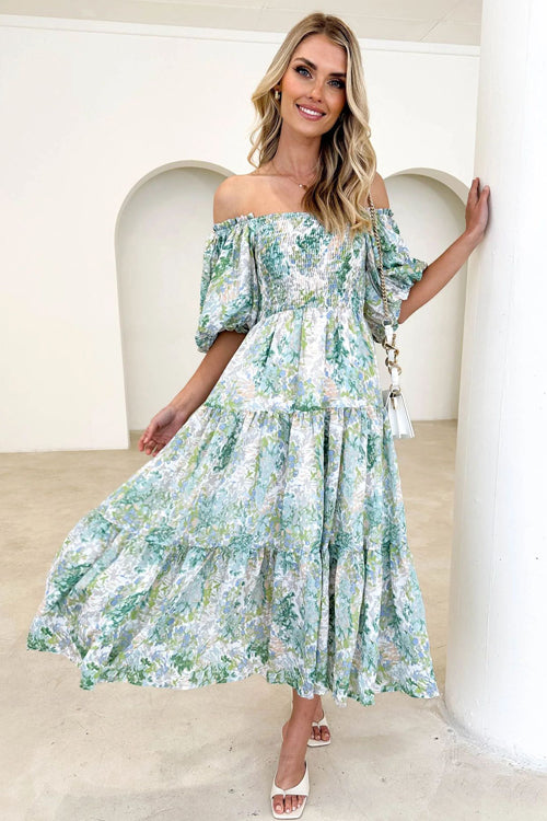 Botanical Floral Print Off Shoulder Smocked Puff Sleeve Tiered Midi Dress
