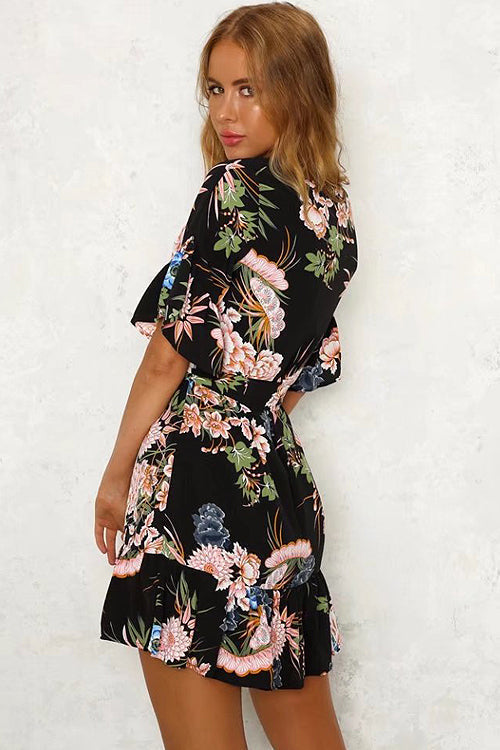 Boat Neck Ruffle Cuff Self Tie Waist Floral Ruffle Hem Mini Dress