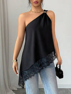 Irregular Hem Lace Stitching Sloping Shoulders Metal Tank Tops&Camis