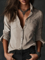 Lapel Single-breasted Retro Long Sleeve Distressed Shirts