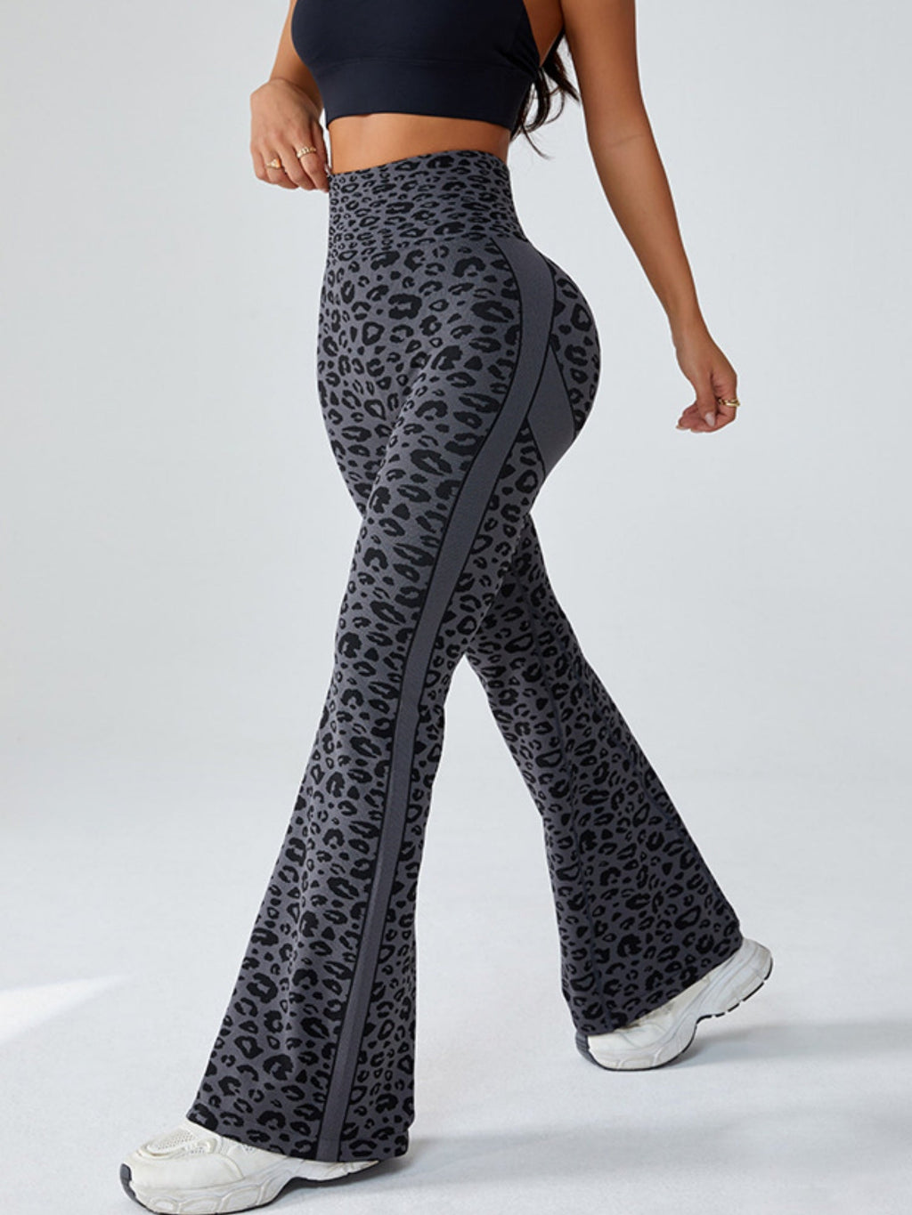 Leopard Print Splicing Abdominal Tightening And Buttock Lifting Flared Pants Fitness Exercise Pants