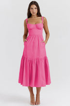 Floral Print Sweetheart Bustier Tie Strap Tiered Midi Dress