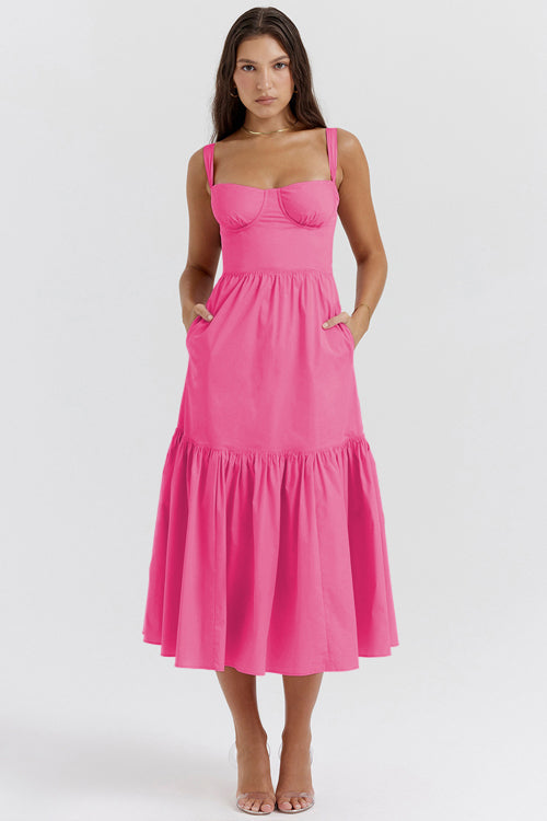 Floral Print Sweetheart Bustier Tie Strap Tiered Midi Dress