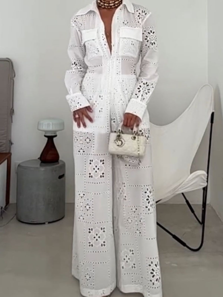 Hollow Applique Straight-leg Vacation Jumpsuit