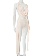 Sway Neck Sleeveless Backless Jacket Tight-fitting Ribbons Super Short Shorts 2-piece Sets