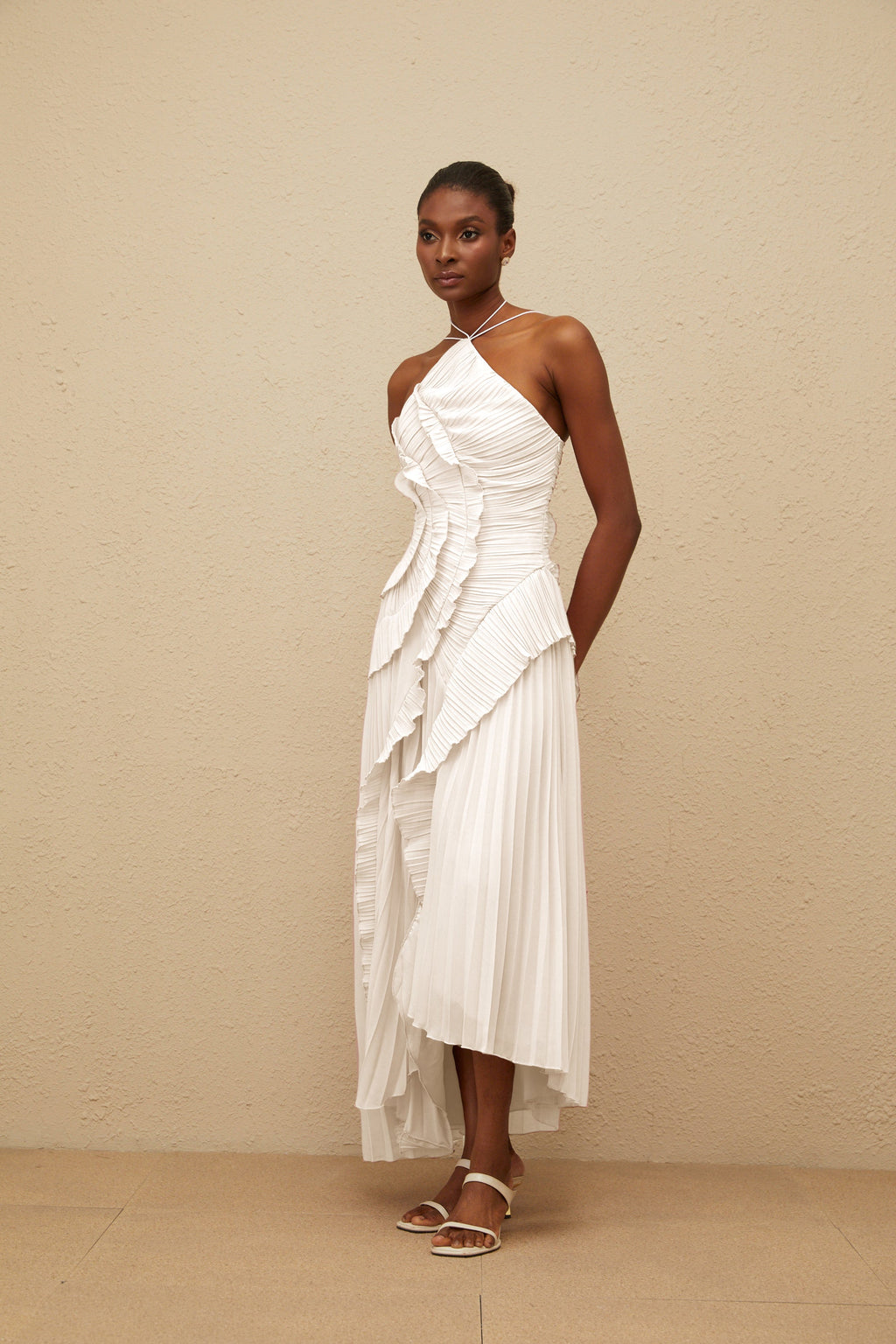 Doux White Ruffled Trim Pleated Midi Dress