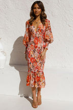 Floral Print Deep V-Neck Puff Sleeve Smocked Ruffle Hem Midi Dress