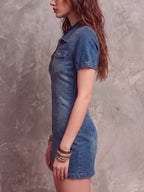 Denim Lapel Short Sleeve Slim-fit Commuting Mini&Short Dresses