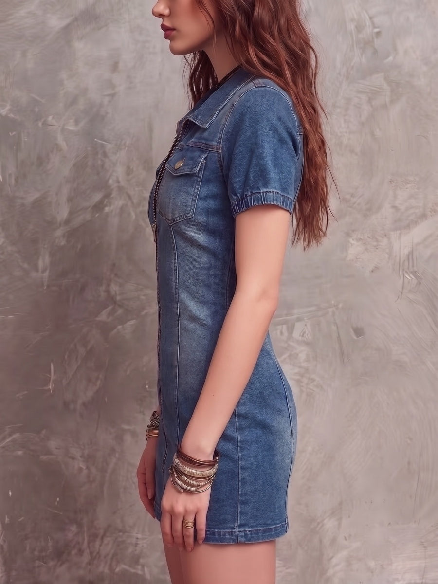 Denim Lapel Short Sleeve Slim-fit Commuting Mini&Short Dresses