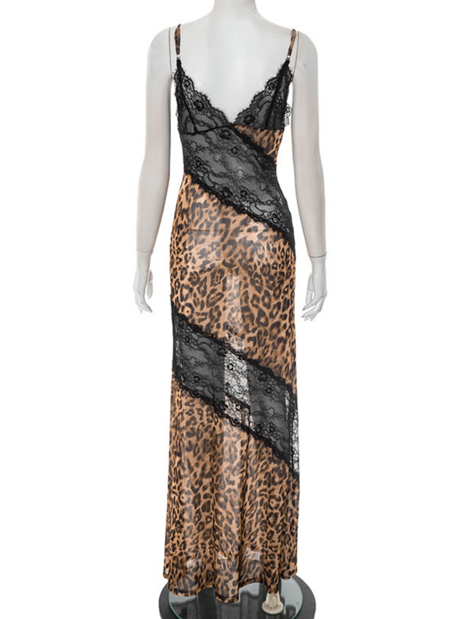 Leopard Print Lace Patchwork Deep V Halter Top Fish Tail Maxi Dresses