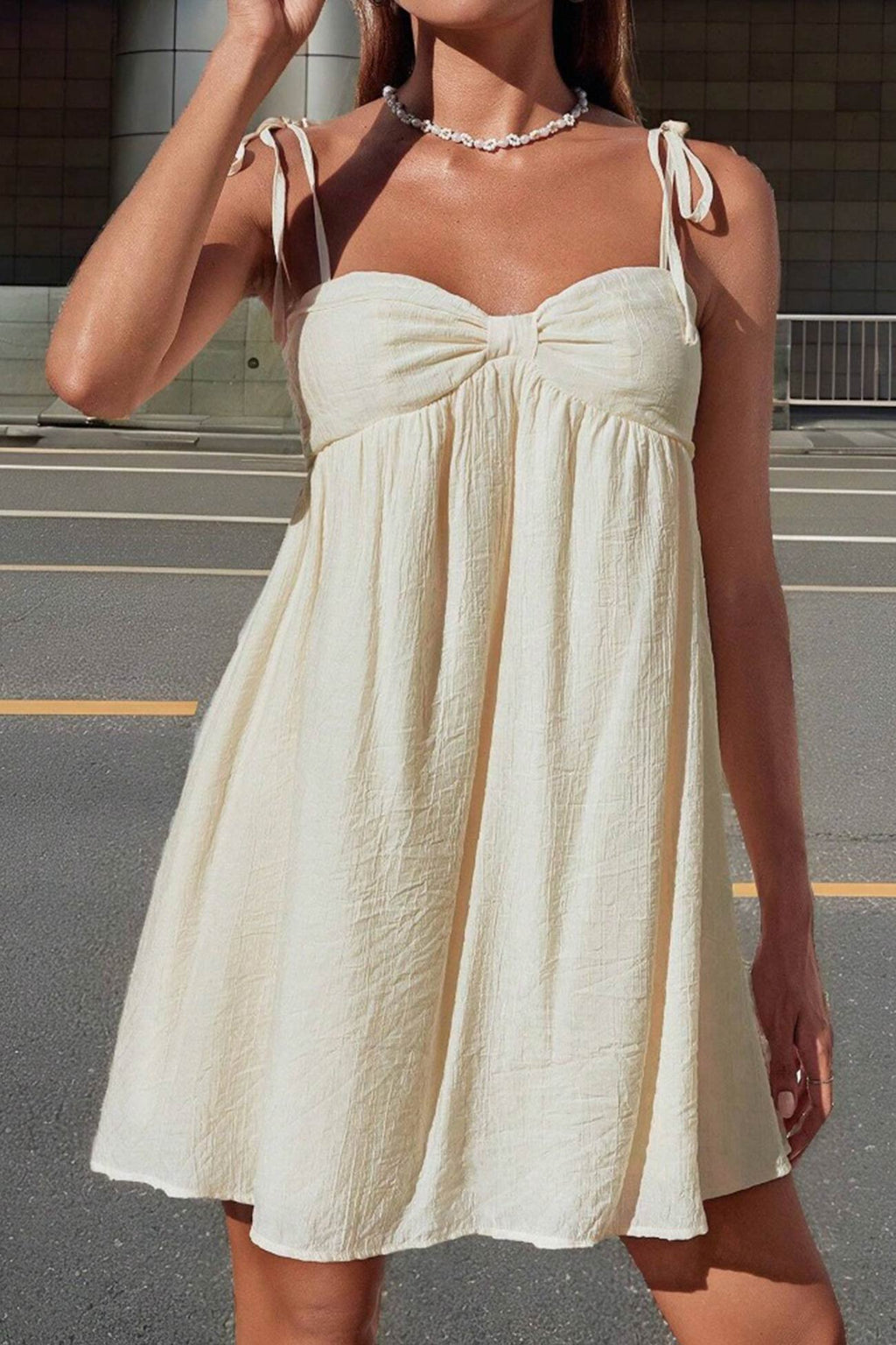 Tie Shoulder Sweetheart Gathered Bust Knot Detail Empire Waist Babydoll Mini Dress