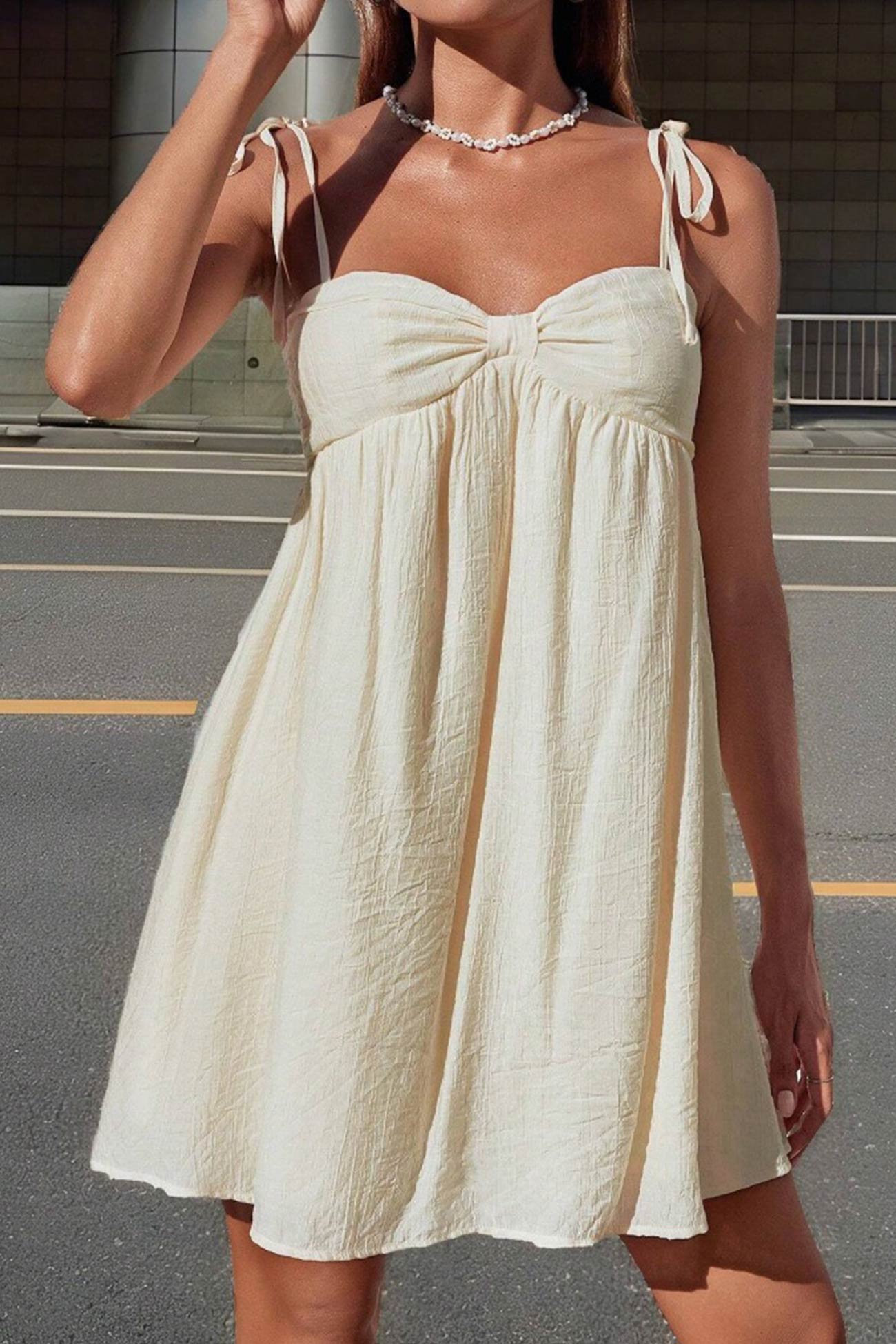 Tie Shoulder Sweetheart Gathered Bust Knot Detail Empire Waist Babydoll Mini Dress