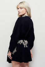 Embroidered Deep V-Neck Bell Sleeve Drawstring Waist Mini Dress