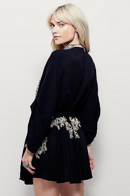 Embroidered Deep V-Neck Bell Sleeve Drawstring Waist Mini Dress