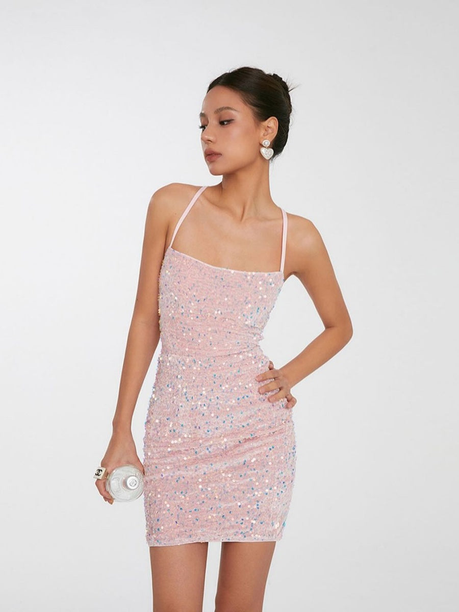 Sequined Slip Dress, Tight Backless Mini Skirt, Bodycon Skirt