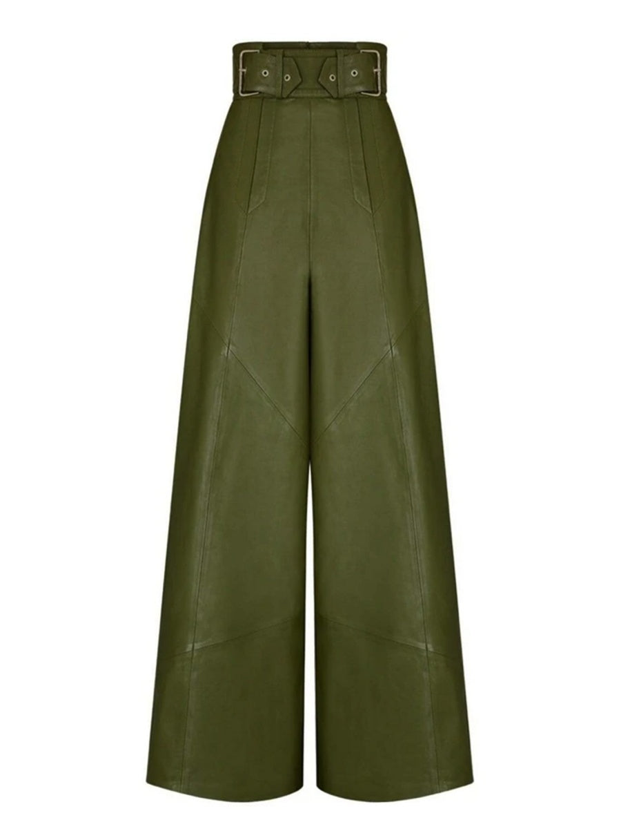 PU Straight-leg Leather Patchwork Trousers