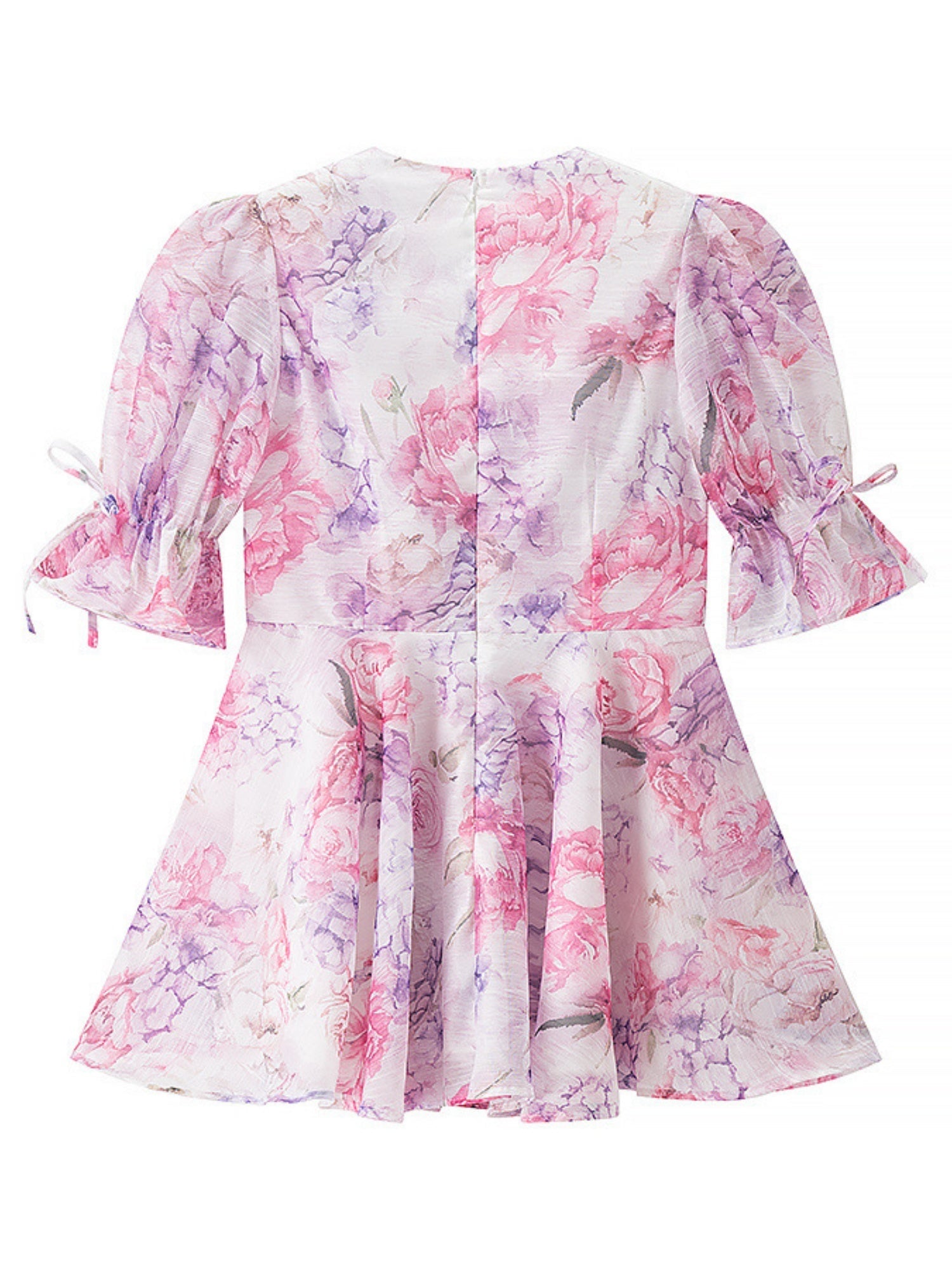Floral Print Chiffon Puff Sleeve V-neck Mini&Short Dresses