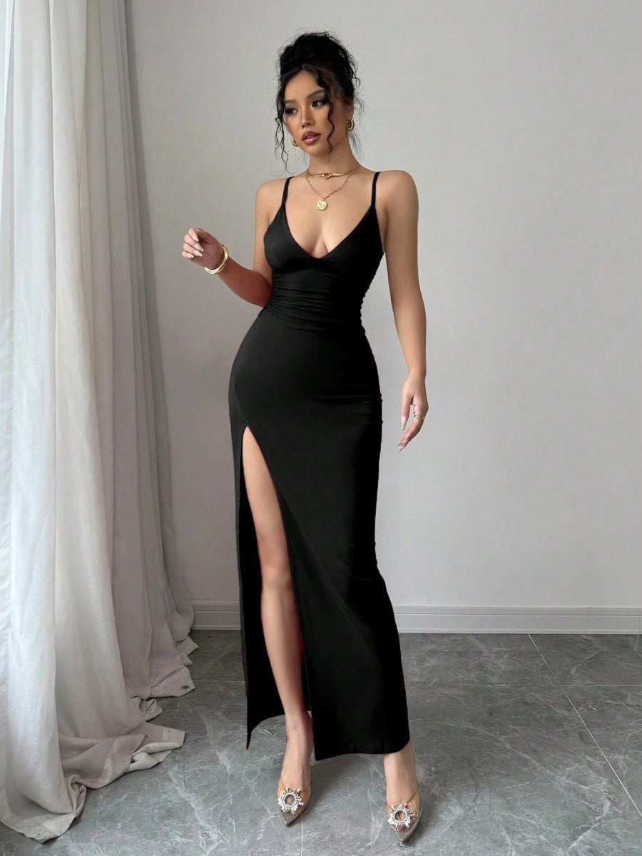 Hip-hugging Slit V-neck Formal Dress Midi Dresses