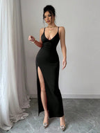 Hip-hugging Slit V-neck Formal Dress Midi Dresses