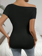 Pleated Asymmetrical Collar V-neck Short-sleeved T-shirt