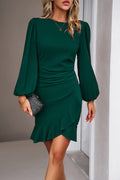 Crew Neck Bishop Sleeve Ruched Wrap Ruffle Hem Mini Dress
