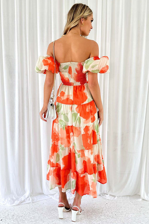 Off Shoulder Twist Front Cut Out Puff Sleeve Tiered Floral Maxi Dress