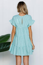 Gingham Check Tiered Ruffle Sleeve Smock Babydoll Mini Dress