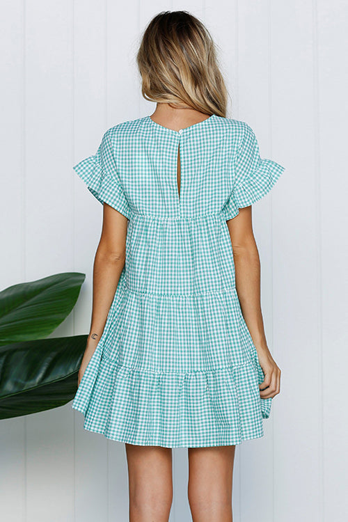 Gingham Check Tiered Ruffle Sleeve Smock Babydoll Mini Dress