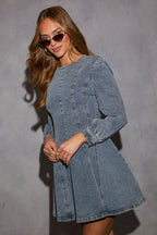 Denim Puff Shoulder Paneled Fit and Flare Mini Dress