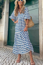 Geometric Lattice Print V-Neck Puff Sleeve Tiered Maxi Dress