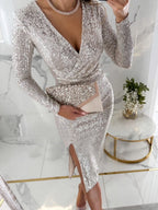 Sequins Fine Flash V-neck Hip-hugging Tight Fit Slit Parties Midi Dresses